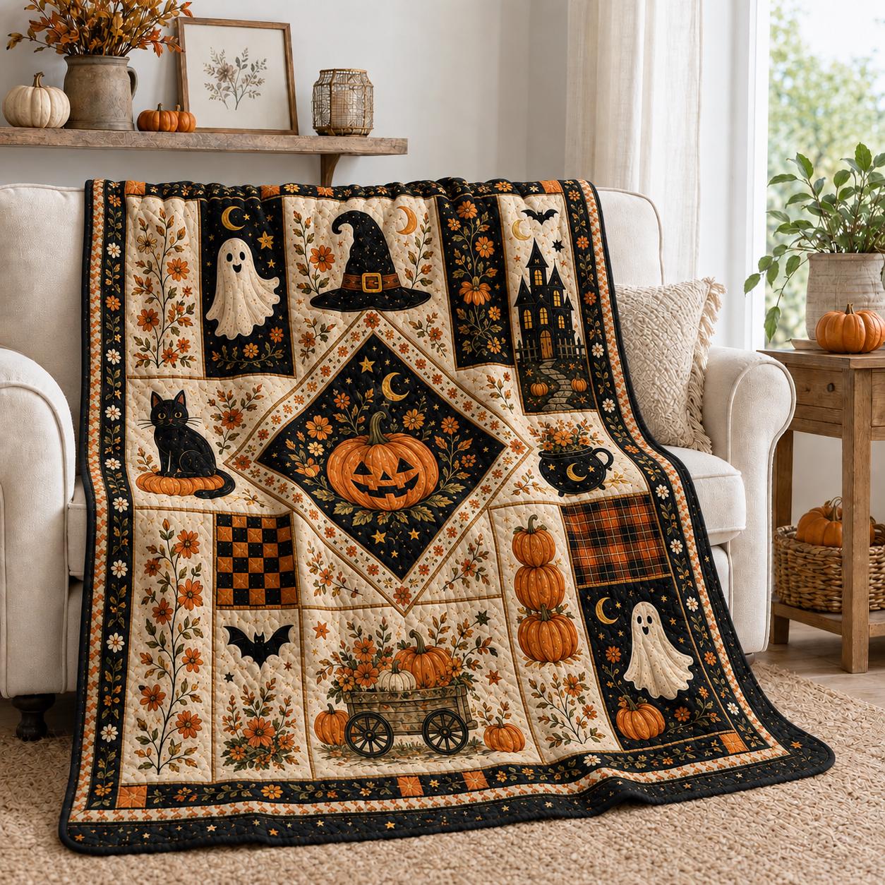 Halloween Quilt Blanket with Vintage Pumpkin Ghost Patchwork Throw, Black Cat Witch Fall Decor, and Spooky Season Gift - photo 11