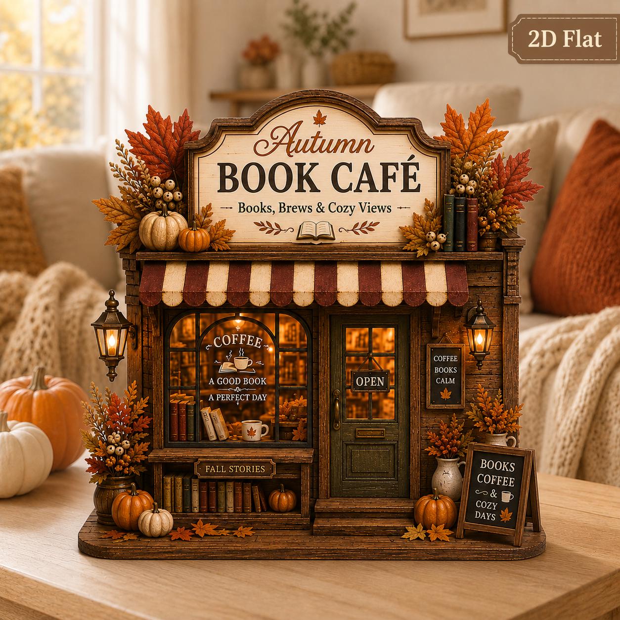 Autumn Coffee Shop Shelf Sitter with Fall Farmhouse Coffee Bar Decor, Rustic Pumpkin Wooden Storefront Sign, and Cozy Tiered Tray Decor