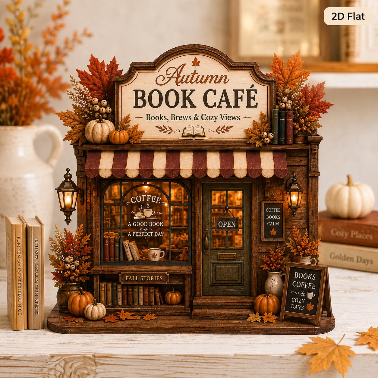 Autumn Coffee Shop Shelf Sitter with Fall Farmhouse Coffee Bar Decor, Rustic Pumpkin Wooden Storefront Sign, and Cozy Tiered Tray Decor - photo 2