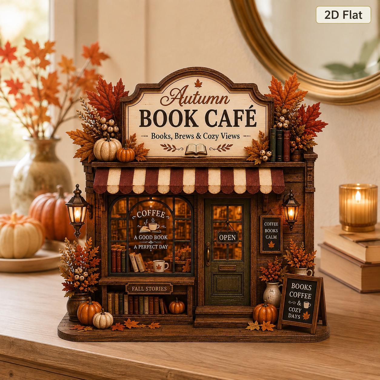 Autumn Coffee Shop Shelf Sitter with Fall Farmhouse Coffee Bar Decor, Rustic Pumpkin Wooden Storefront Sign, and Cozy Tiered Tray Decor - photo 3