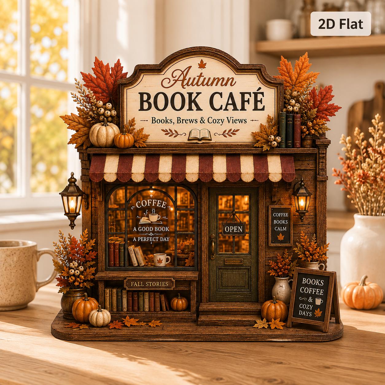 Autumn Coffee Shop Shelf Sitter with Fall Farmhouse Coffee Bar Decor, Rustic Pumpkin Wooden Storefront Sign, and Cozy Tiered Tray Decor - photo 4