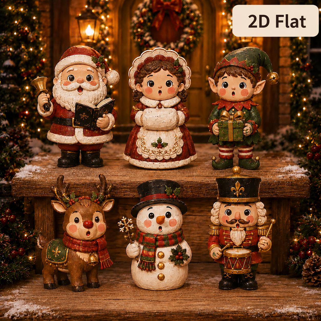Christmas Character Wooden Block Set with Santa Mrs Claus Elf Reindeer Snowman and Nutcracker Shelf Decor