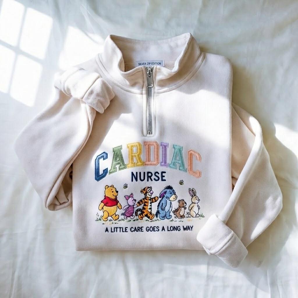 Embroidered Cardiac Nurse Quarter Zip Sweatshirt With Winnie the Pooh – Cardiology Pooh Nurse Sweatshirt for Nurse Gifts