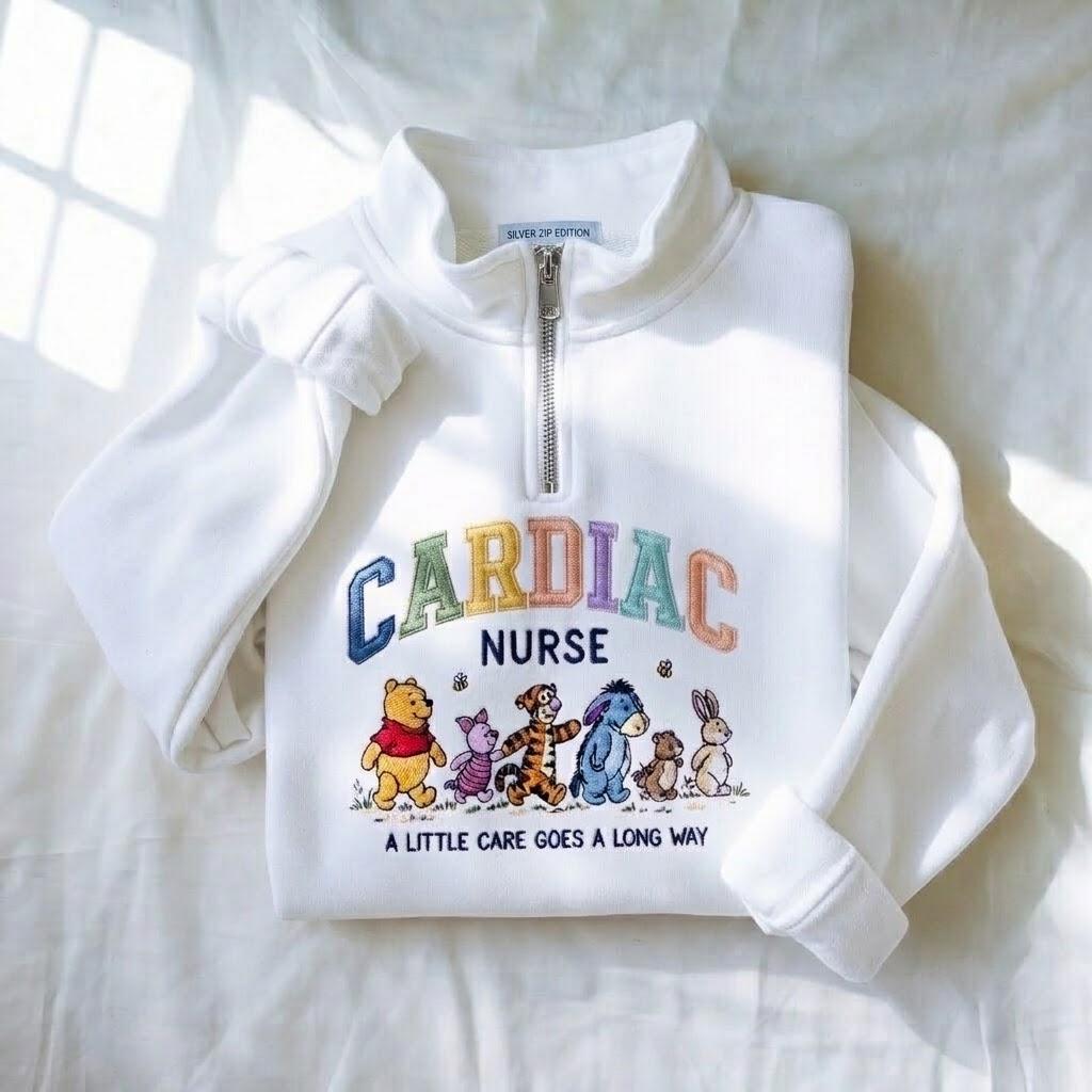 Embroidered Cardiac Nurse Quarter Zip Sweatshirt With Winnie the Pooh – Cardiology Pooh Nurse Sweatshirt for Nurse Gifts - photo 2