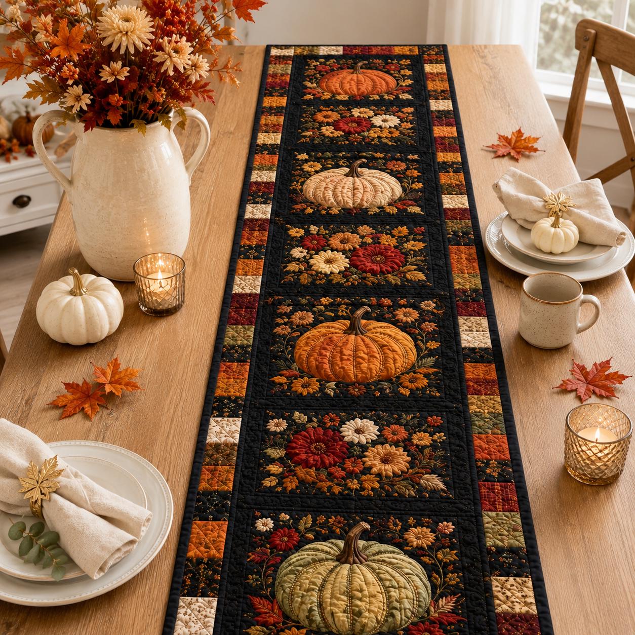 Quilted Style Autumn Harvest and Fall Pumpkin Table Runner – Thanksgiving Farmhouse Dining Table Decor