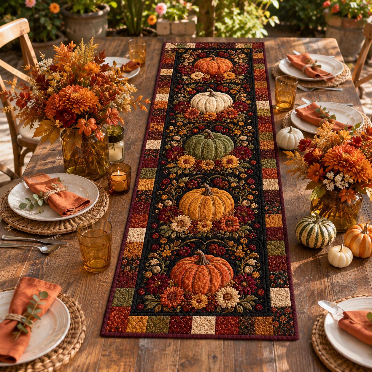 Quilted Style Autumn Harvest and Fall Pumpkin Table Runner – Thanksgiving Farmhouse Dining Table Decor - photo 2