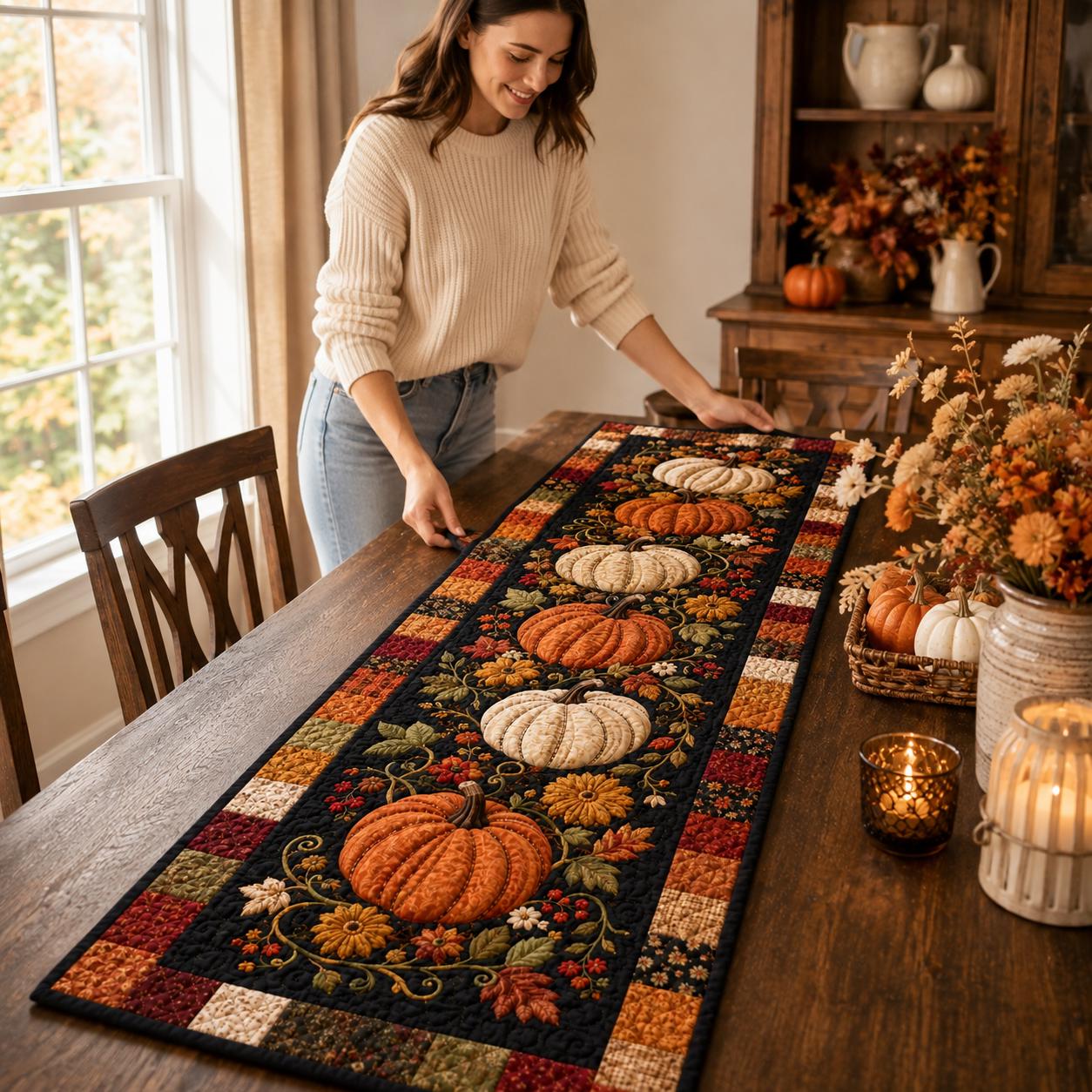 Quilted Style Autumn Harvest and Fall Pumpkin Table Runner – Thanksgiving Farmhouse Dining Table Decor - photo 3