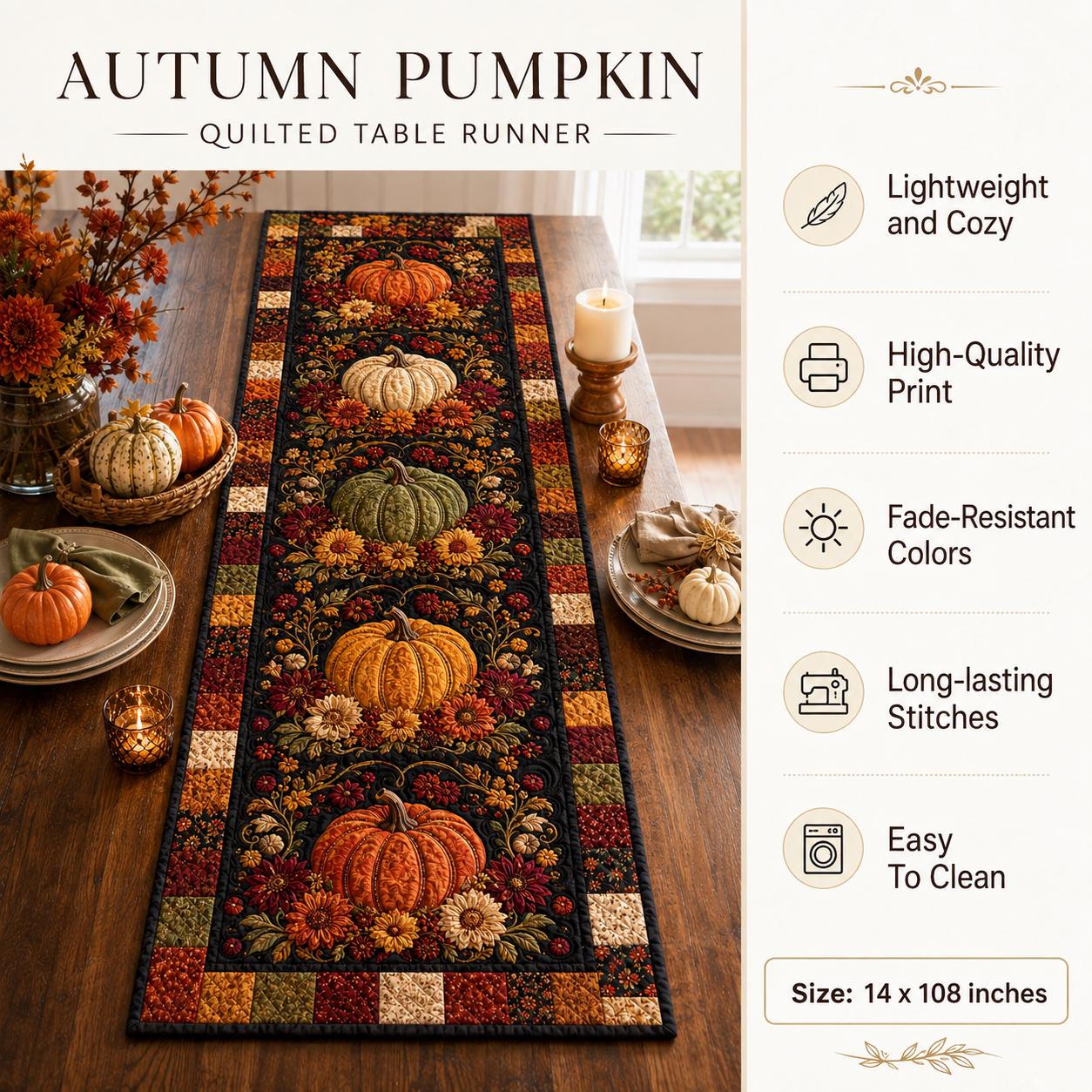 Quilted Style Autumn Harvest and Fall Pumpkin Table Runner – Thanksgiving Farmhouse Dining Table Decor - photo 5