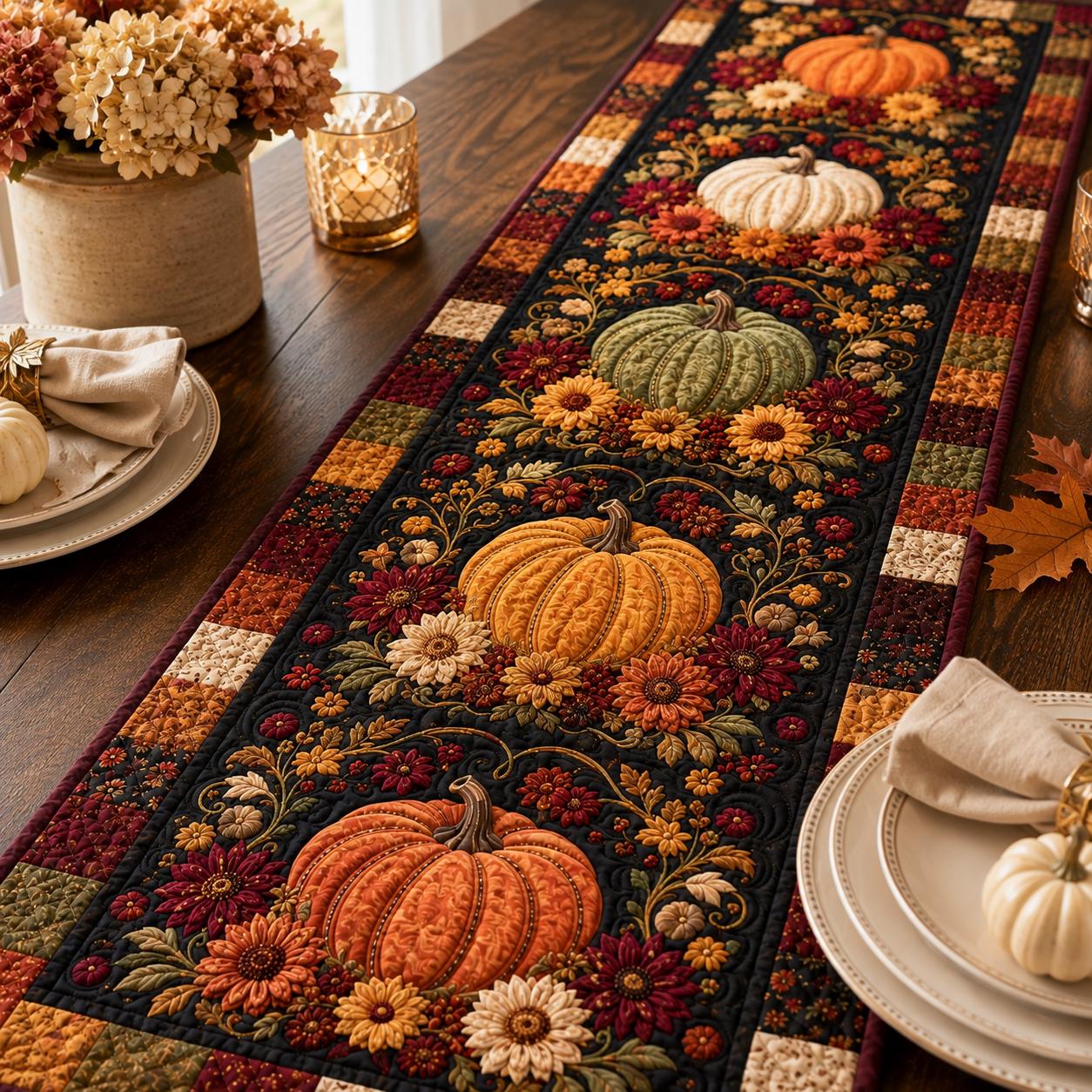 Quilted Style Autumn Harvest and Fall Pumpkin Table Runner – Thanksgiving Farmhouse Dining Table Decor - photo 7