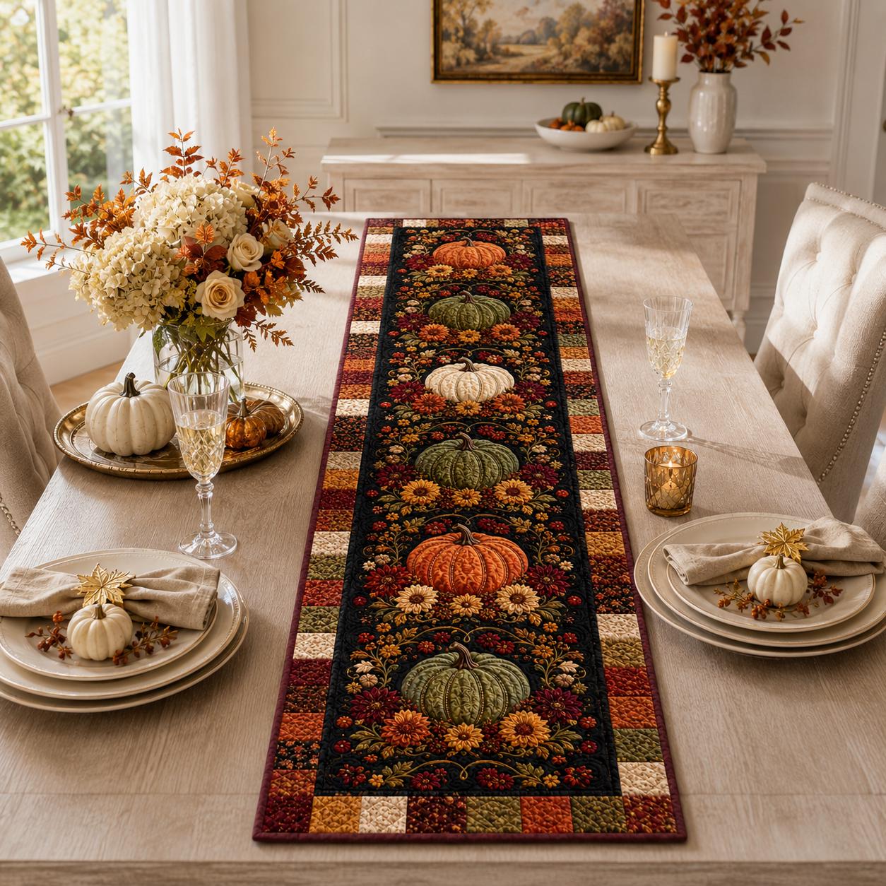 Quilted Style Autumn Harvest and Fall Pumpkin Table Runner – Thanksgiving Farmhouse Dining Table Decor - photo 8