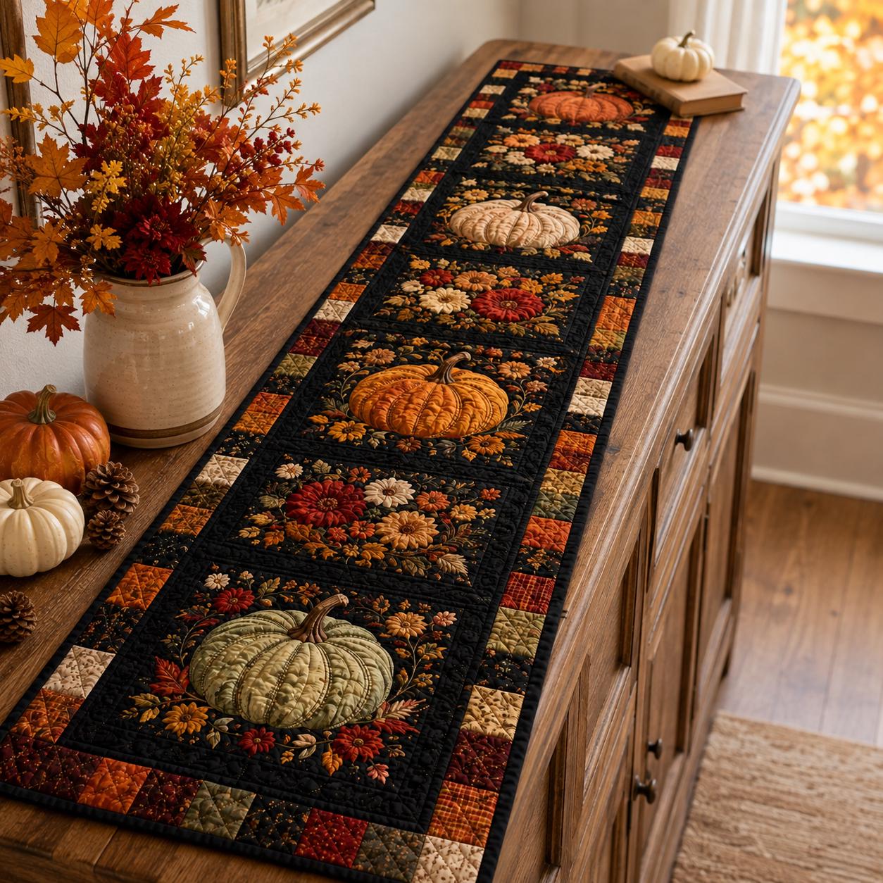 Quilted Style Autumn Harvest and Fall Pumpkin Table Runner – Thanksgiving Farmhouse Dining Table Decor - photo 9