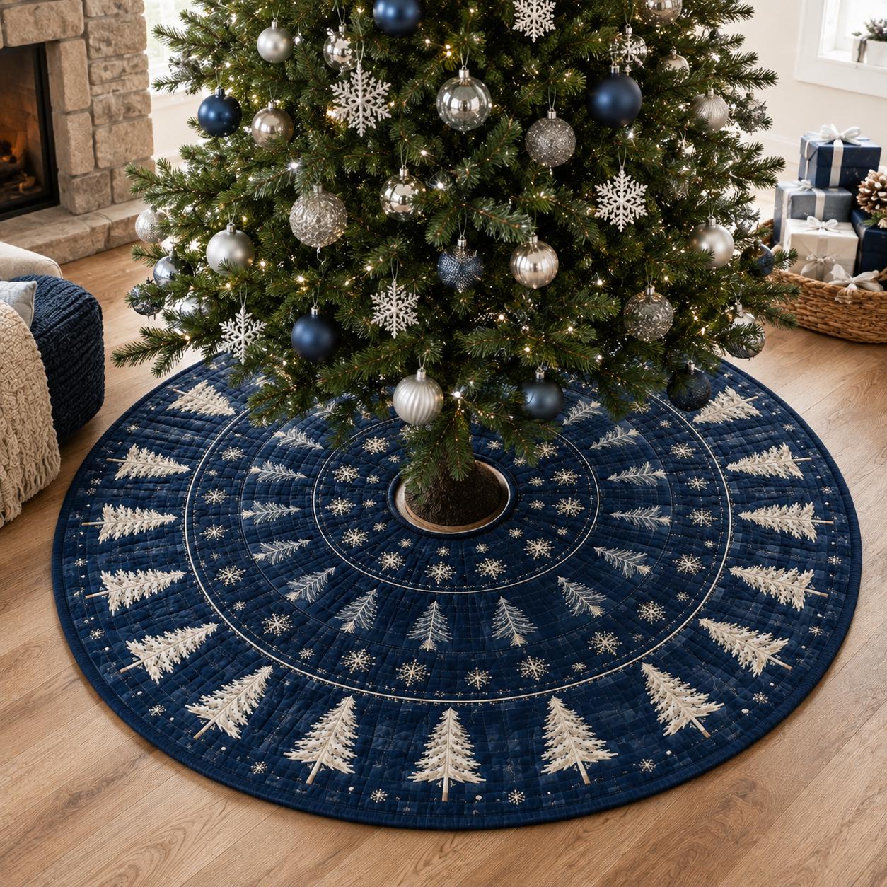 Navy Blue Quilted Style Pine Tree Skirt – Snowflake Forest Holiday Decor for Rustic Winter Christmas and Xmas
