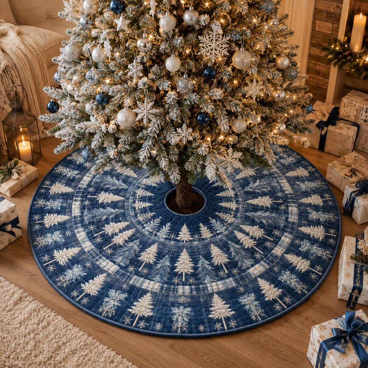 Navy Blue Quilted Style Pine Tree Skirt – Snowflake Forest Holiday Decor for Rustic Winter Christmas and Xmas - photo 2