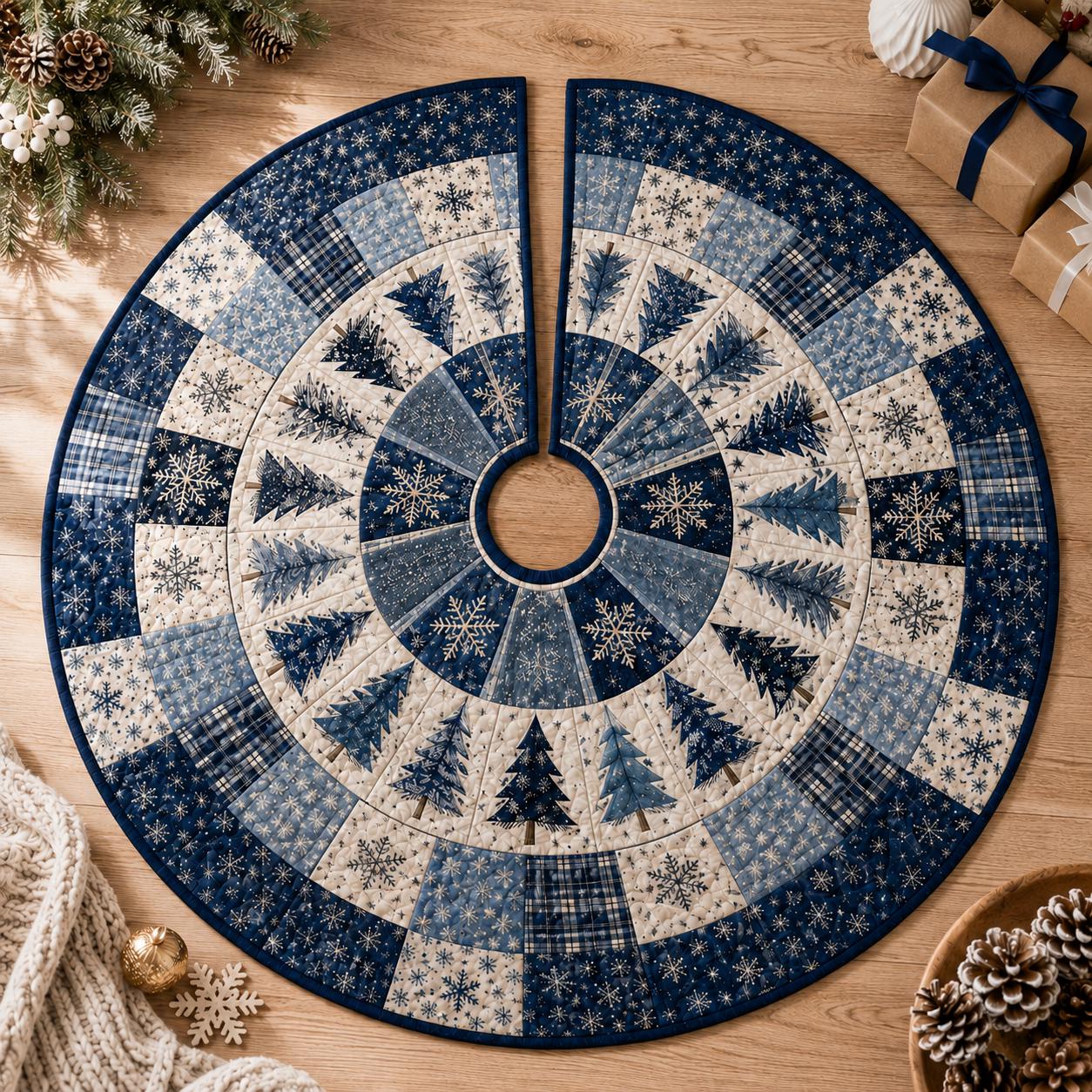 Navy Blue Quilted Style Pine Tree Skirt – Snowflake Forest Holiday Decor for Rustic Winter Christmas and Xmas - photo 5