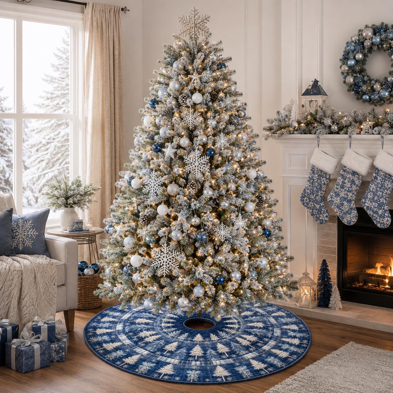 Navy Blue Quilted Style Pine Tree Skirt – Snowflake Forest Holiday Decor for Rustic Winter Christmas and Xmas - photo 6