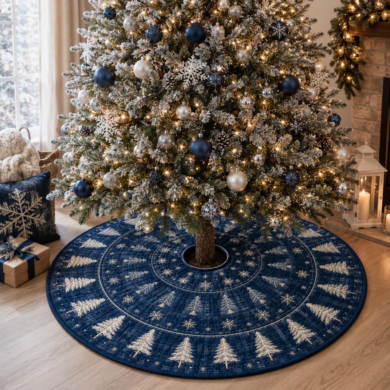 Navy Blue Quilted Style Pine Tree Skirt – Snowflake Forest Holiday Decor for Rustic Winter Christmas and Xmas - photo 7