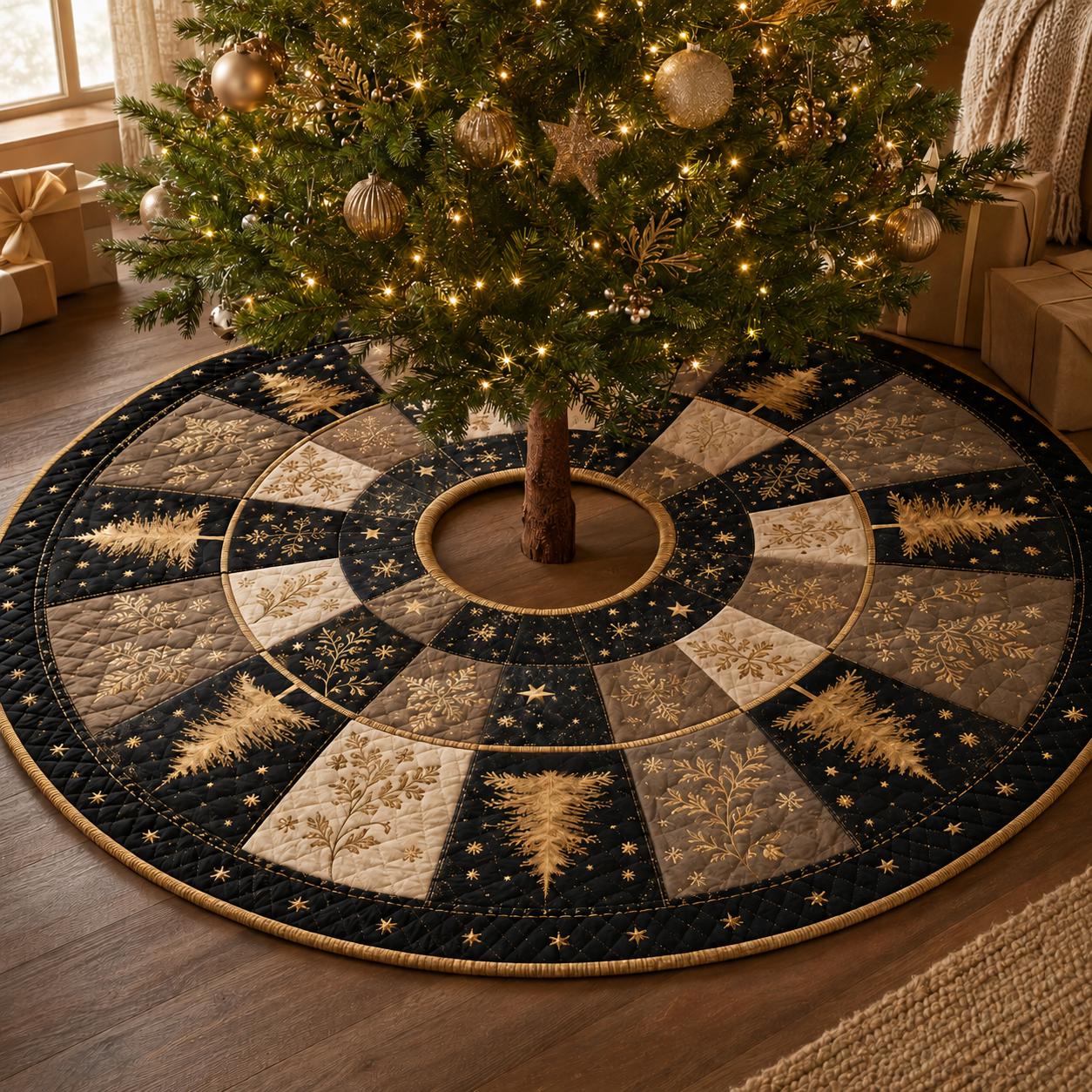 Quilted Style Christmas Tree Skirt with Gold Snowflake – Elegant Winter Forest Decor for Holiday