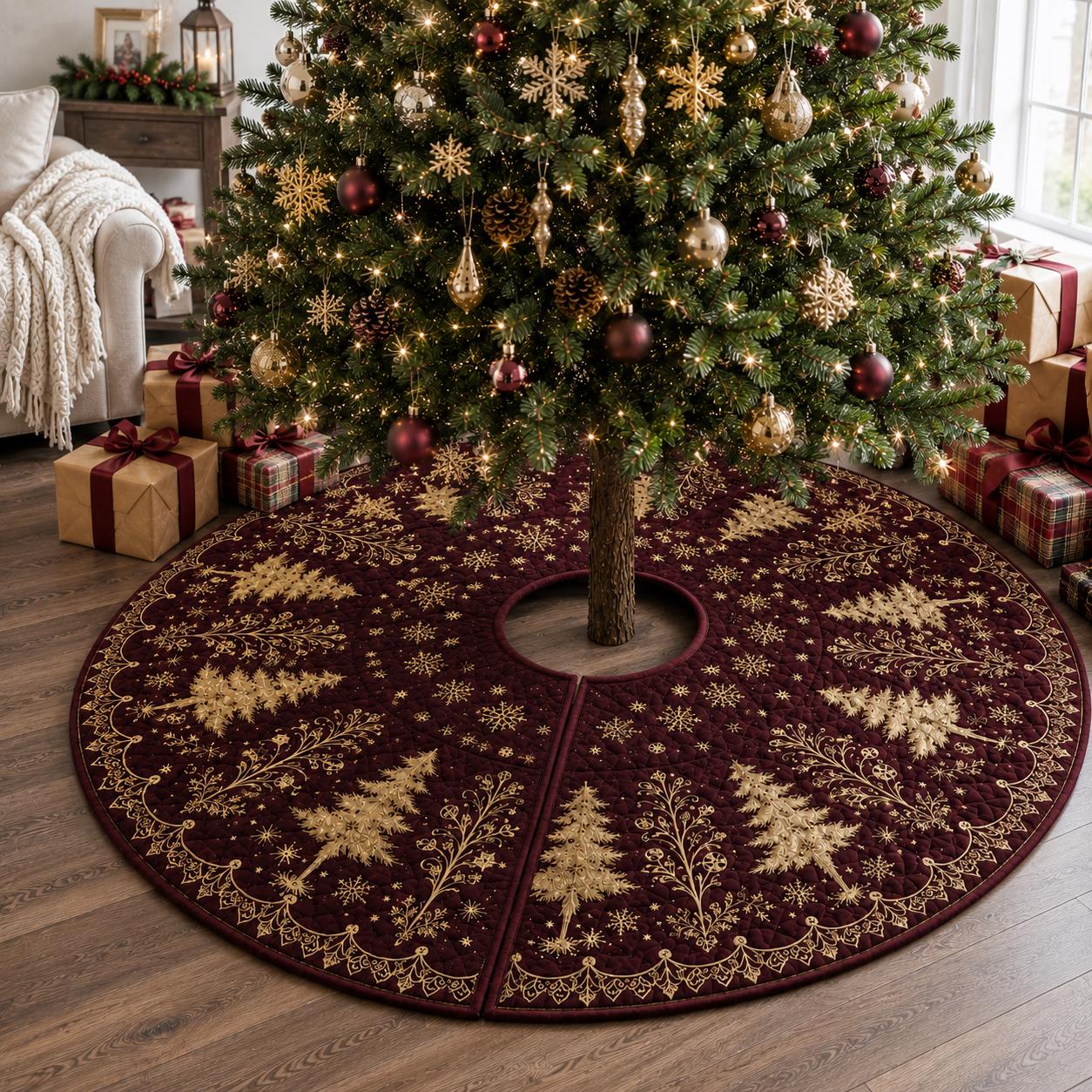 Quilted Style Christmas Tree Skirt with Gold Snowflake – Elegant Winter Forest Decor for Holiday - photo 2