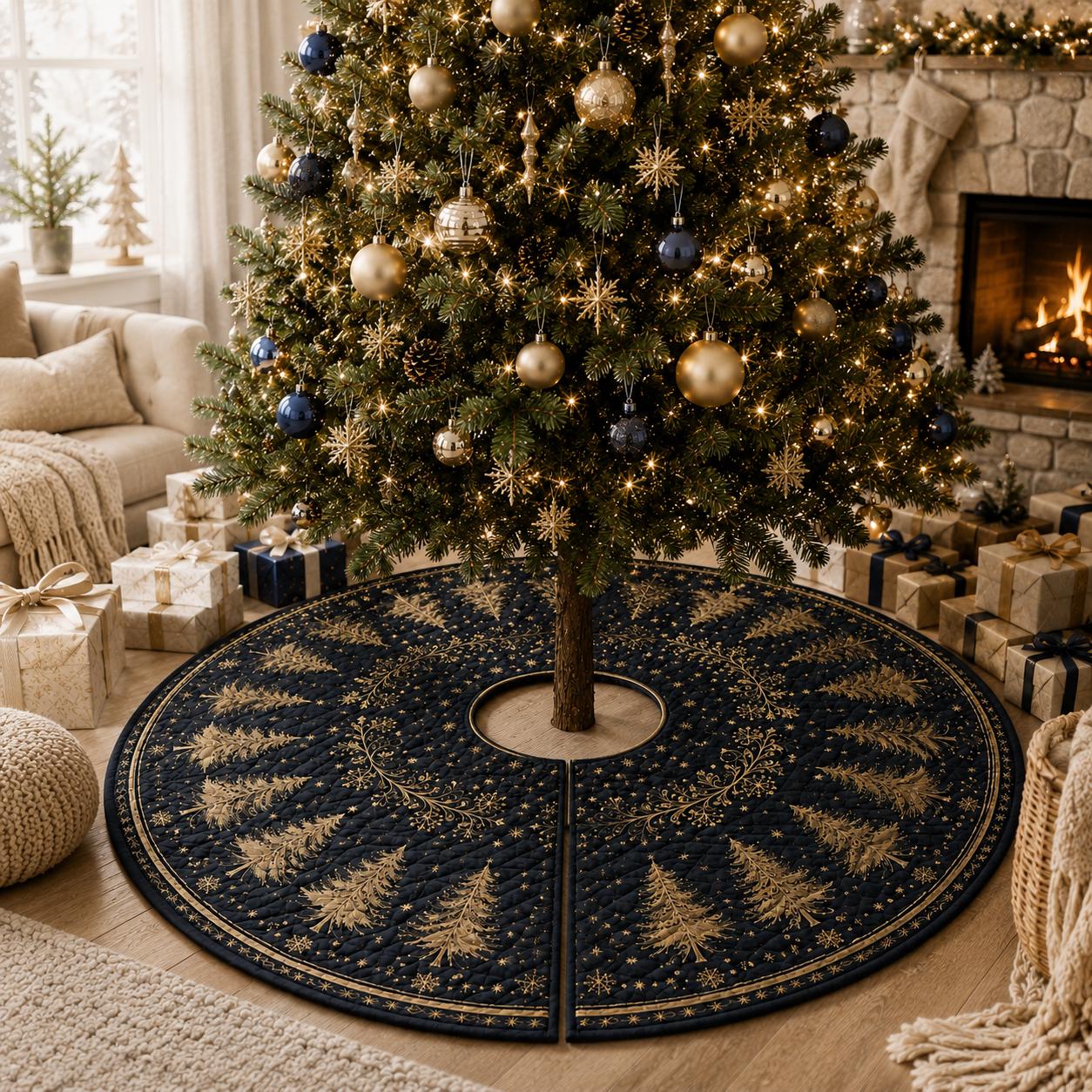 Quilted Style Christmas Tree Skirt with Gold Snowflake – Elegant Winter Forest Decor for Holiday - photo 3