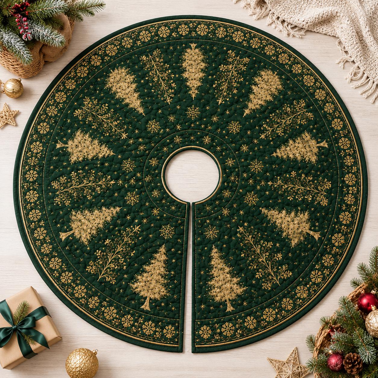 Quilted Style Christmas Tree Skirt with Gold Snowflake – Elegant Winter Forest Decor for Holiday - photo 4