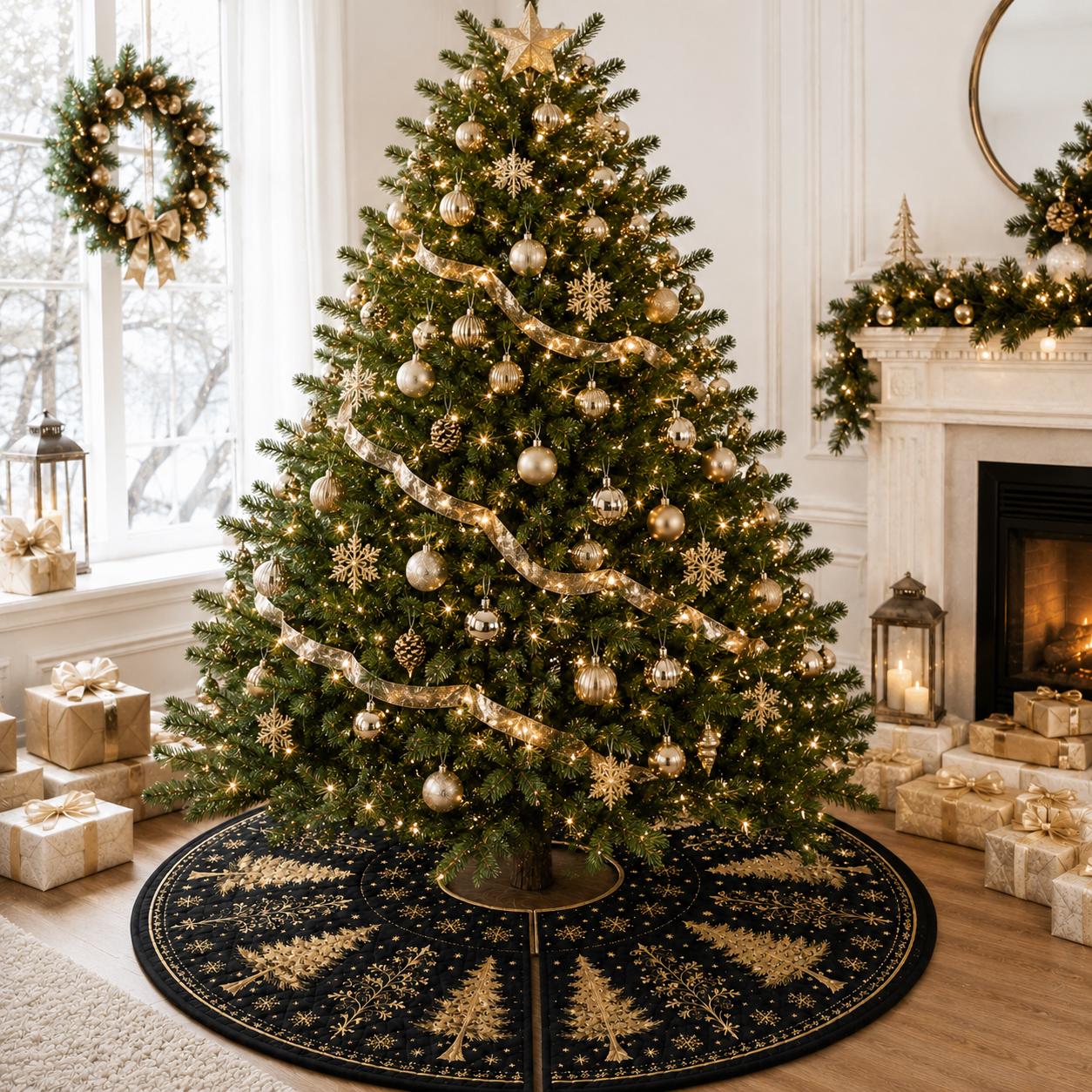 Quilted Style Christmas Tree Skirt with Gold Snowflake – Elegant Winter Forest Decor for Holiday - photo 6