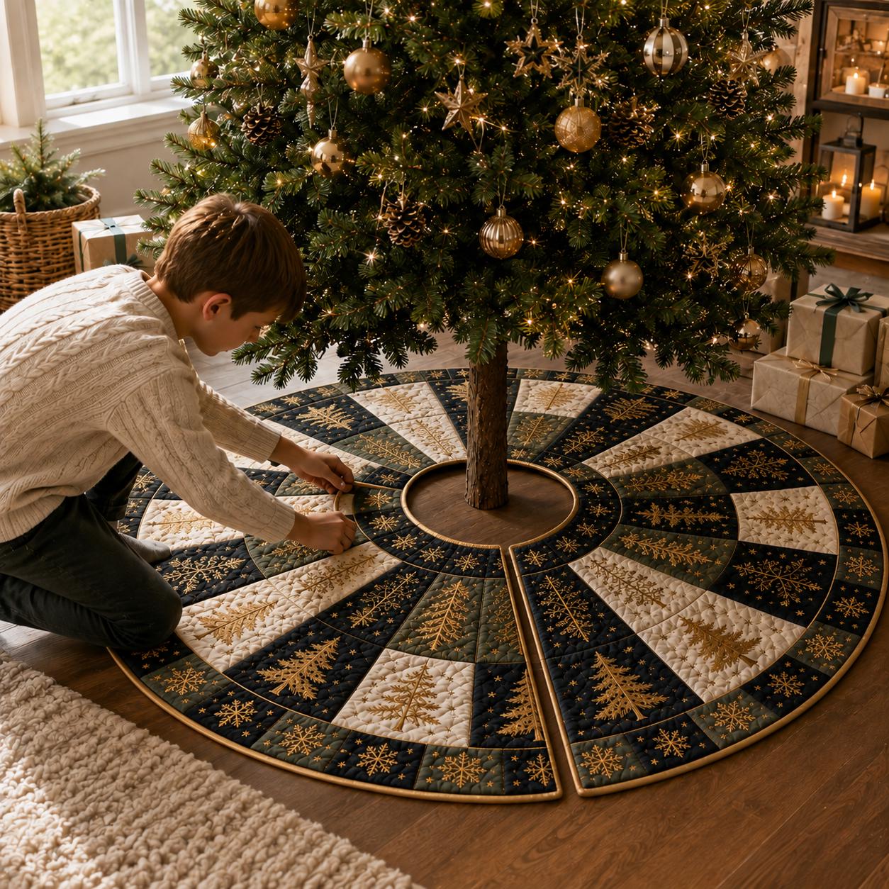 Quilted Style Christmas Tree Skirt with Gold Snowflake – Elegant Winter Forest Decor for Holiday - photo 7