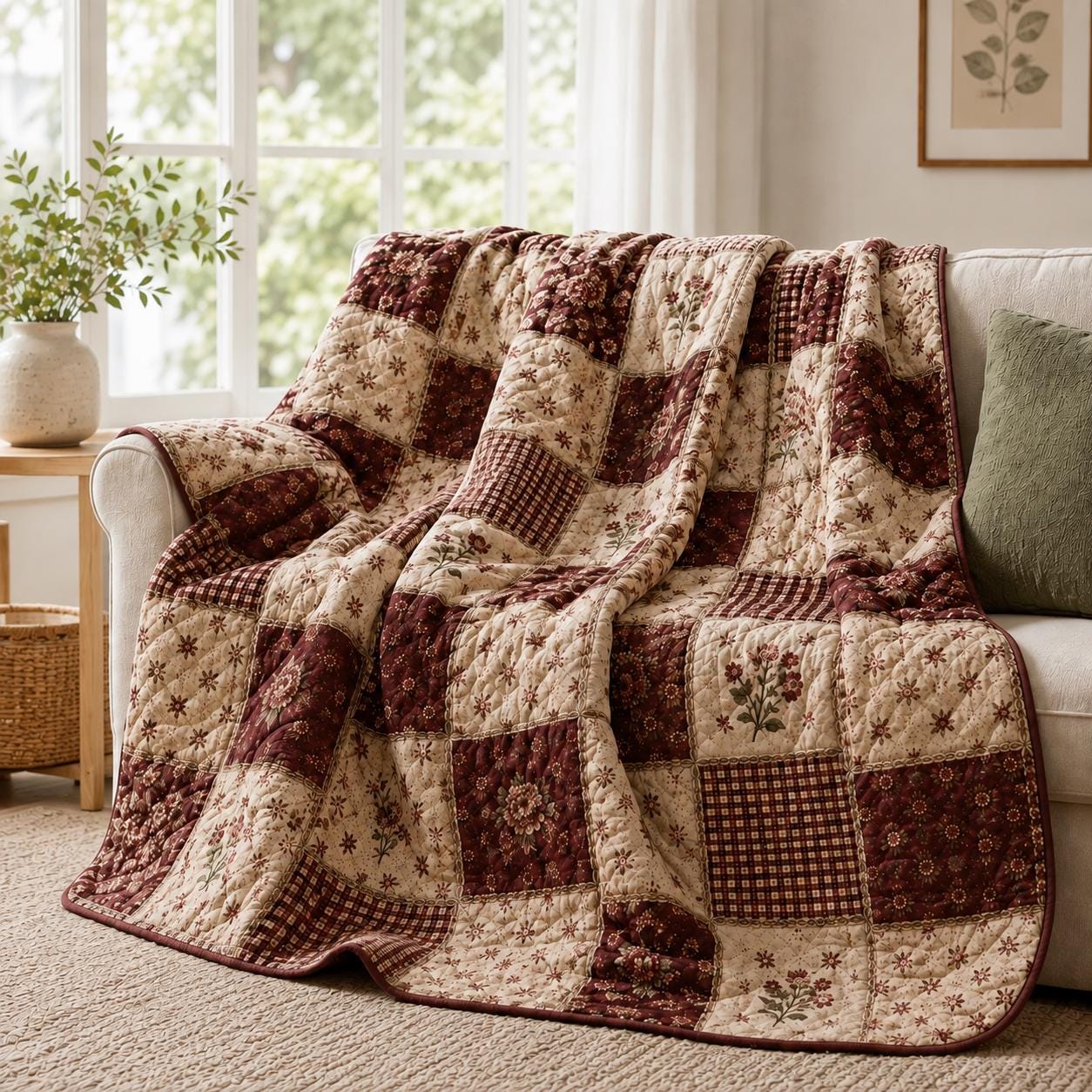 Burgundy Patchwork Blanket with Vintage Quilt Style Blanket and Farmhouse Throw Blanket for Rustic Floral, Country Cottage Decor and Cozy Home Gift