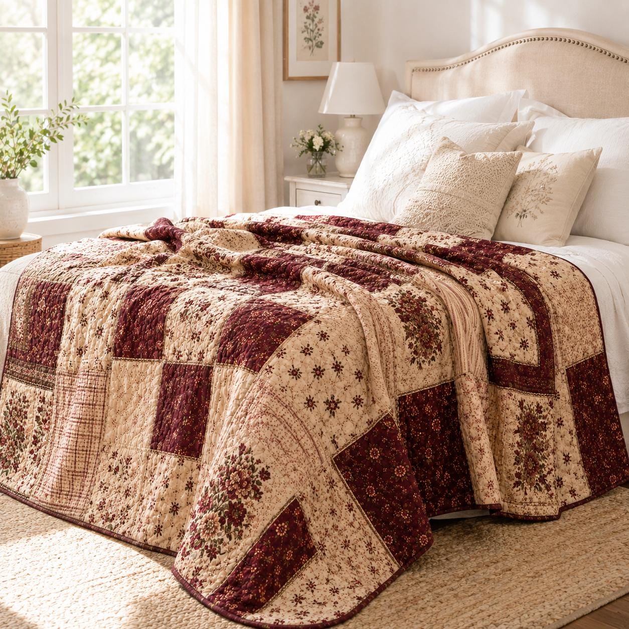 Burgundy Patchwork Blanket with Vintage Quilt Style Blanket and Farmhouse Throw Blanket for Rustic Floral, Country Cottage Decor and Cozy Home Gift - photo 2