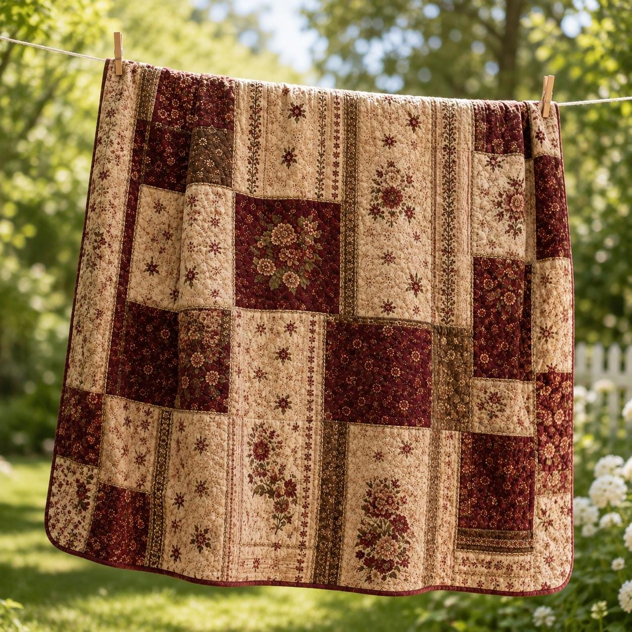 Burgundy Patchwork Blanket with Vintage Quilt Style Blanket and Farmhouse Throw Blanket for Rustic Floral, Country Cottage Decor and Cozy Home Gift - photo 3