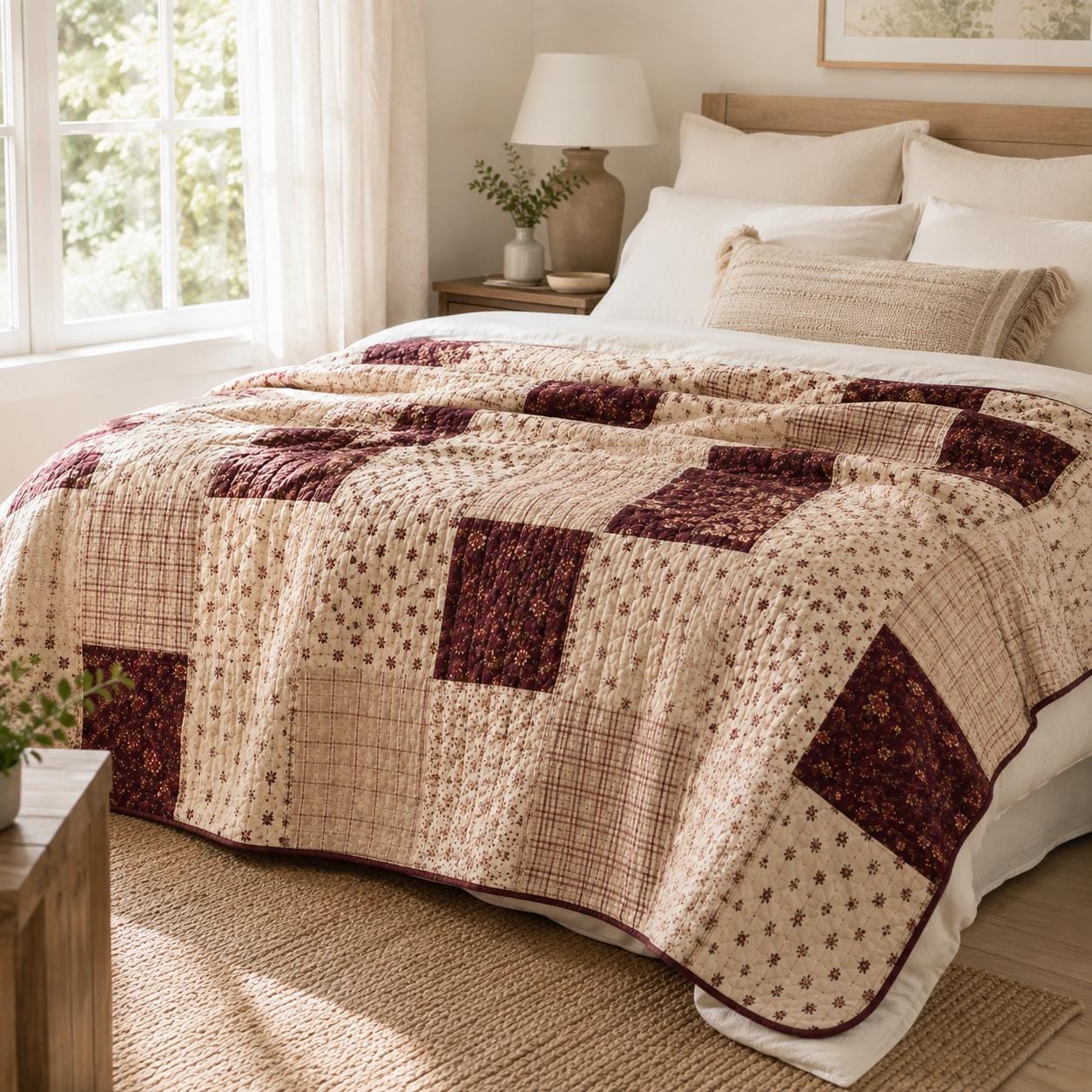 Burgundy Patchwork Blanket with Vintage Quilt Style Blanket and Farmhouse Throw Blanket for Rustic Floral, Country Cottage Decor and Cozy Home Gift - photo 6