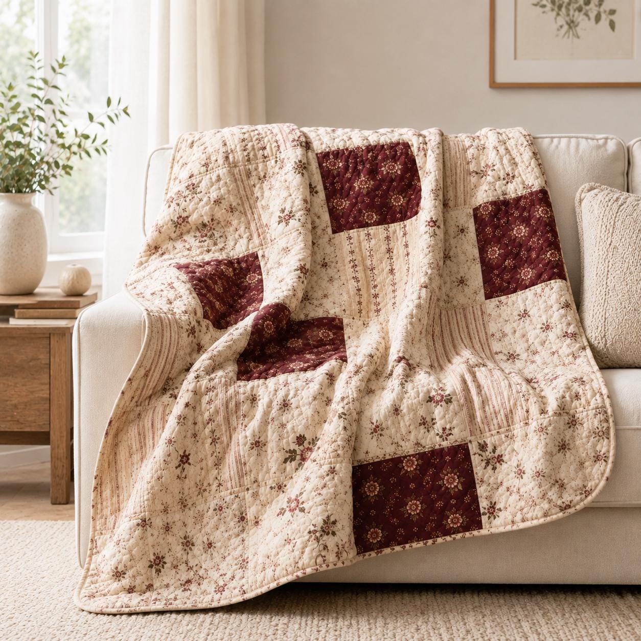 Burgundy Patchwork Blanket with Vintage Quilt Style Blanket and Farmhouse Throw Blanket for Rustic Floral, Country Cottage Decor and Cozy Home Gift - photo 7