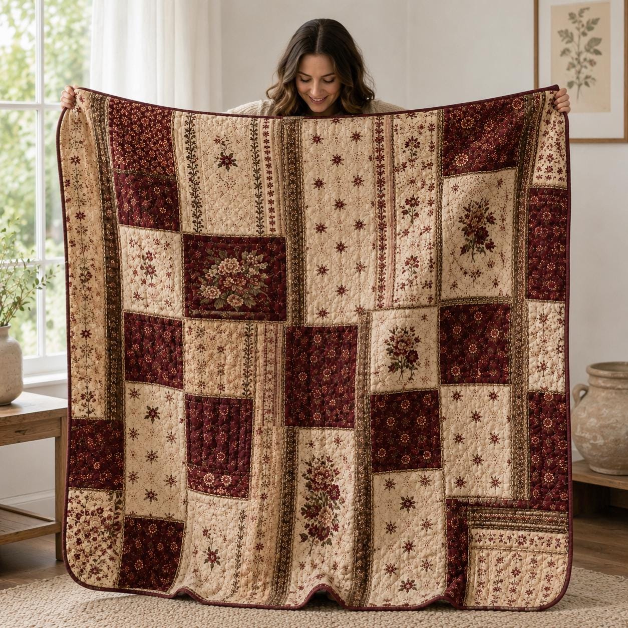 Burgundy Patchwork Blanket with Vintage Quilt Style Blanket and Farmhouse Throw Blanket for Rustic Floral, Country Cottage Decor and Cozy Home Gift - photo 8