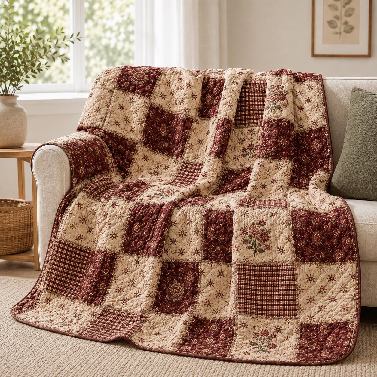 Burgundy Patchwork Blanket with Vintage Quilt Style Blanket and Farmhouse Throw Blanket for Rustic Floral, Country Cottage Decor and Cozy Home Gift - photo 9