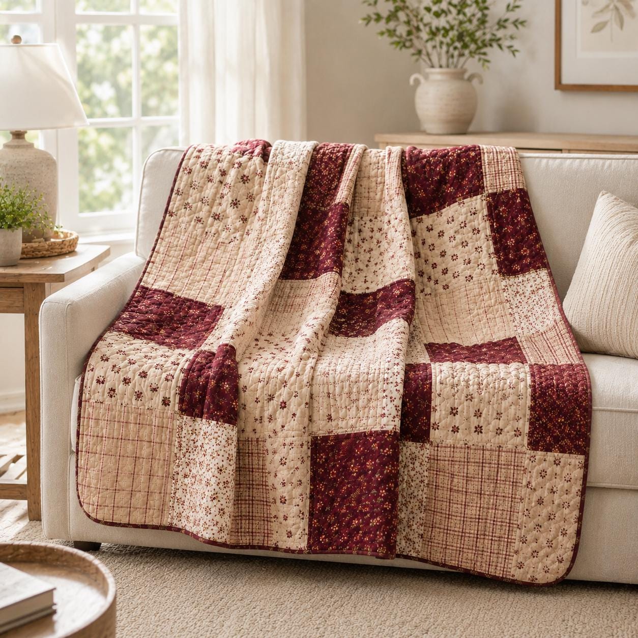 Burgundy Patchwork Blanket with Vintage Quilt Style Blanket and Farmhouse Throw Blanket for Rustic Floral, Country Cottage Decor and Cozy Home Gift - photo 10