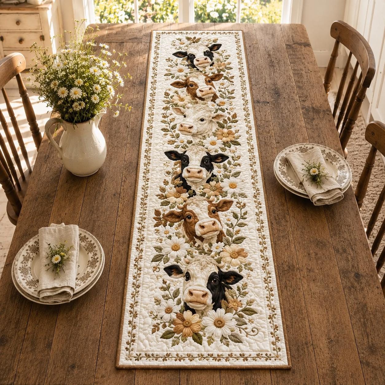 Farmhouse Cow Print Quilted Style Table Runner with Quilted Style Daisy Floral Decor for Whimsical Cow Quilt Decor