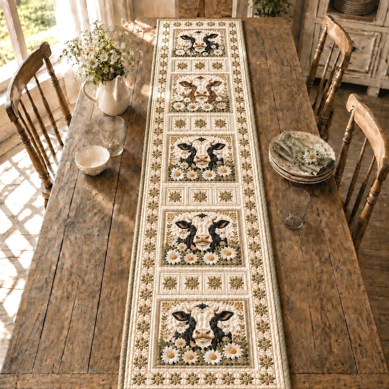 Farmhouse Cow Print Quilted Style Table Runner with Quilted Style Daisy Floral Decor for Whimsical Cow Quilt Decor - photo 2