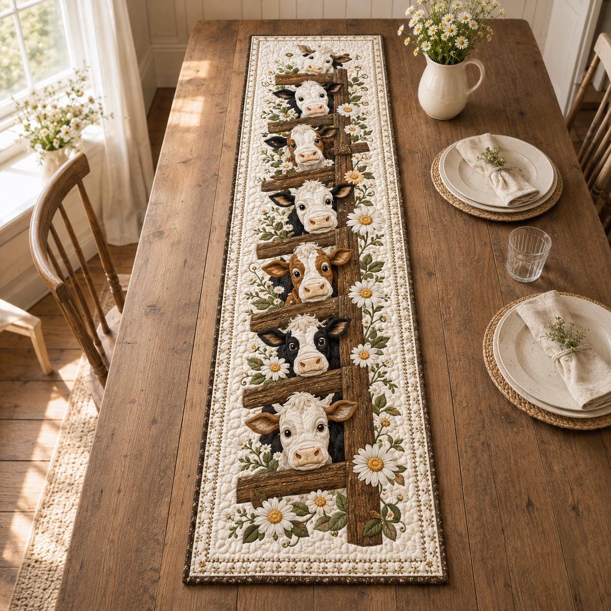 Farmhouse Cow Print Quilted Style Table Runner with Quilted Style Daisy Floral Decor for Whimsical Cow Quilt Decor - photo 3