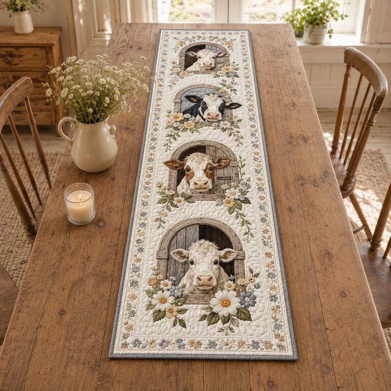 Farmhouse Cow Print Quilted Style Table Runner with Quilted Style Daisy Floral Decor for Whimsical Cow Quilt Decor - photo 4