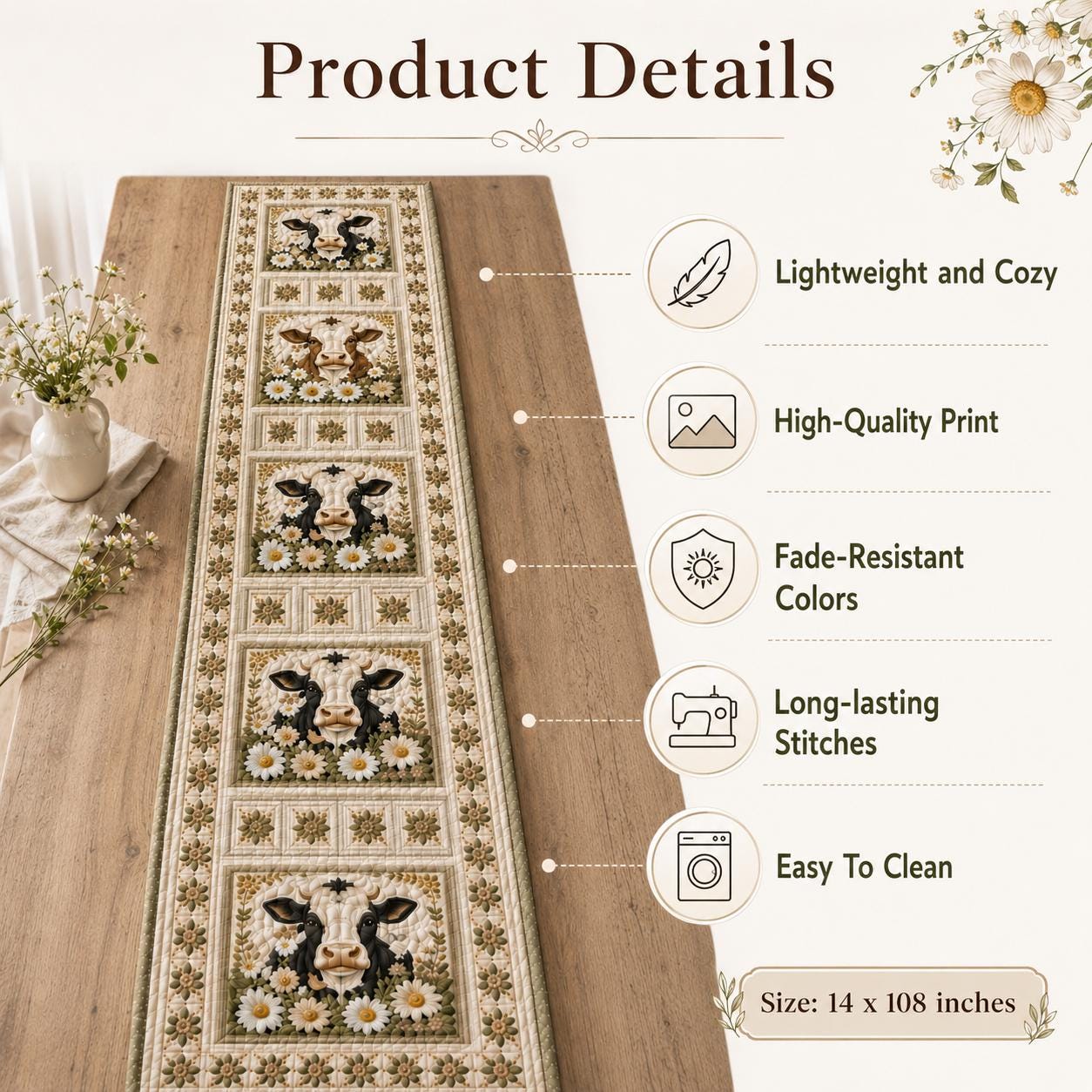 Farmhouse Cow Print Quilted Style Table Runner with Quilted Style Daisy Floral Decor for Whimsical Cow Quilt Decor - photo 10