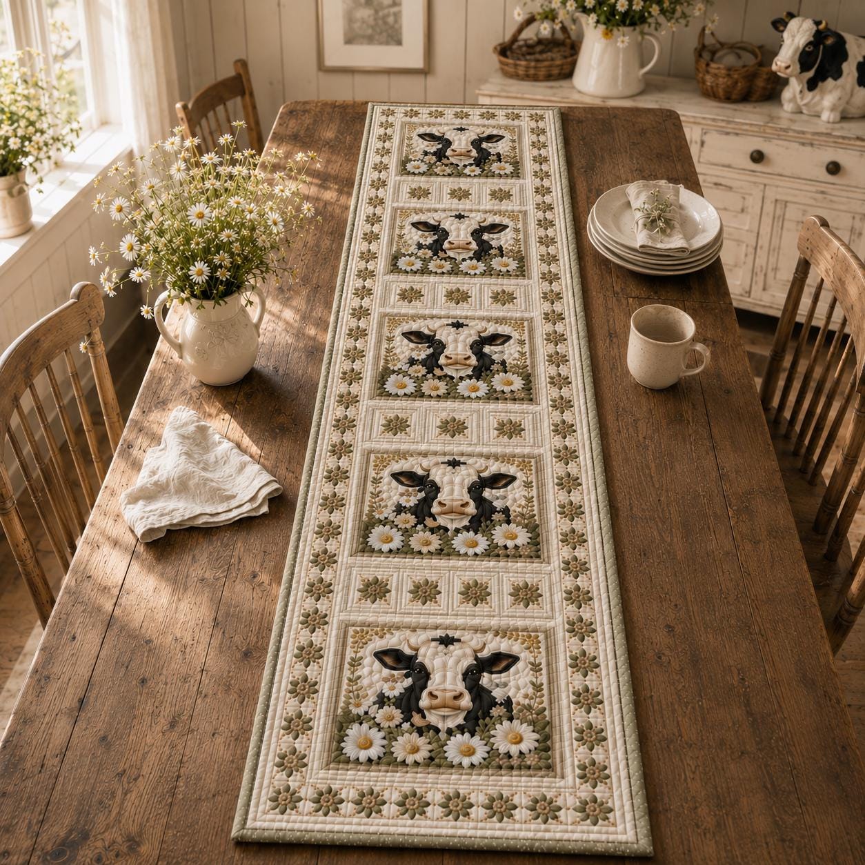 Farmhouse Cow Print Quilted Style Table Runner with Quilted Style Daisy Floral Decor for Whimsical Cow Quilt Decor - photo 11