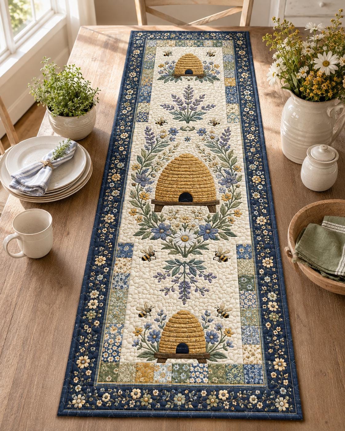 Beehive Bees Lavender Table Runner with Modern Farmhouse Kitchen Decor, Custom Housewarming Gift and Unique Bee Table Decoration