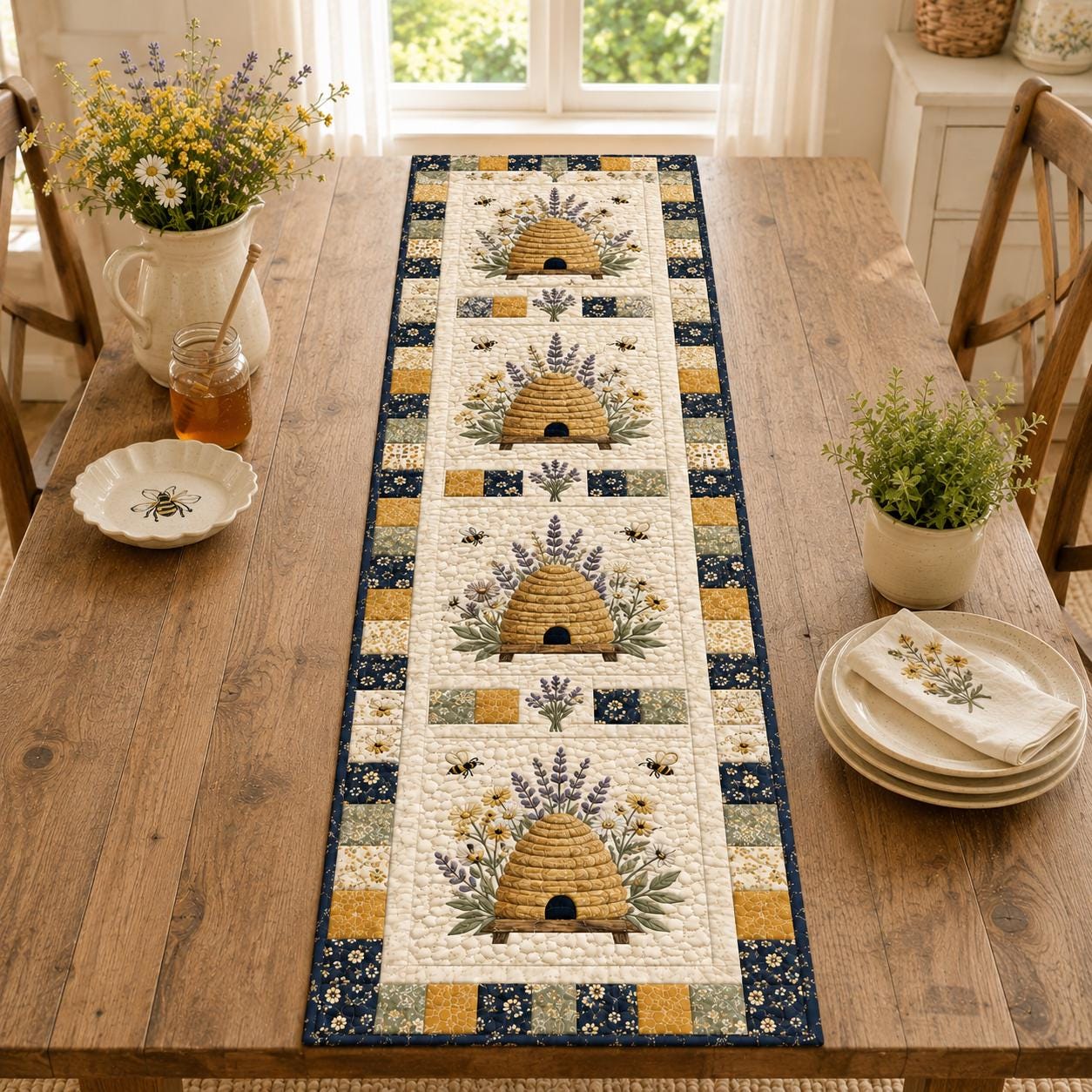 Beehive Bees Lavender Table Runner with Modern Farmhouse Kitchen Decor, Custom Housewarming Gift and Unique Bee Table Decoration - photo 2