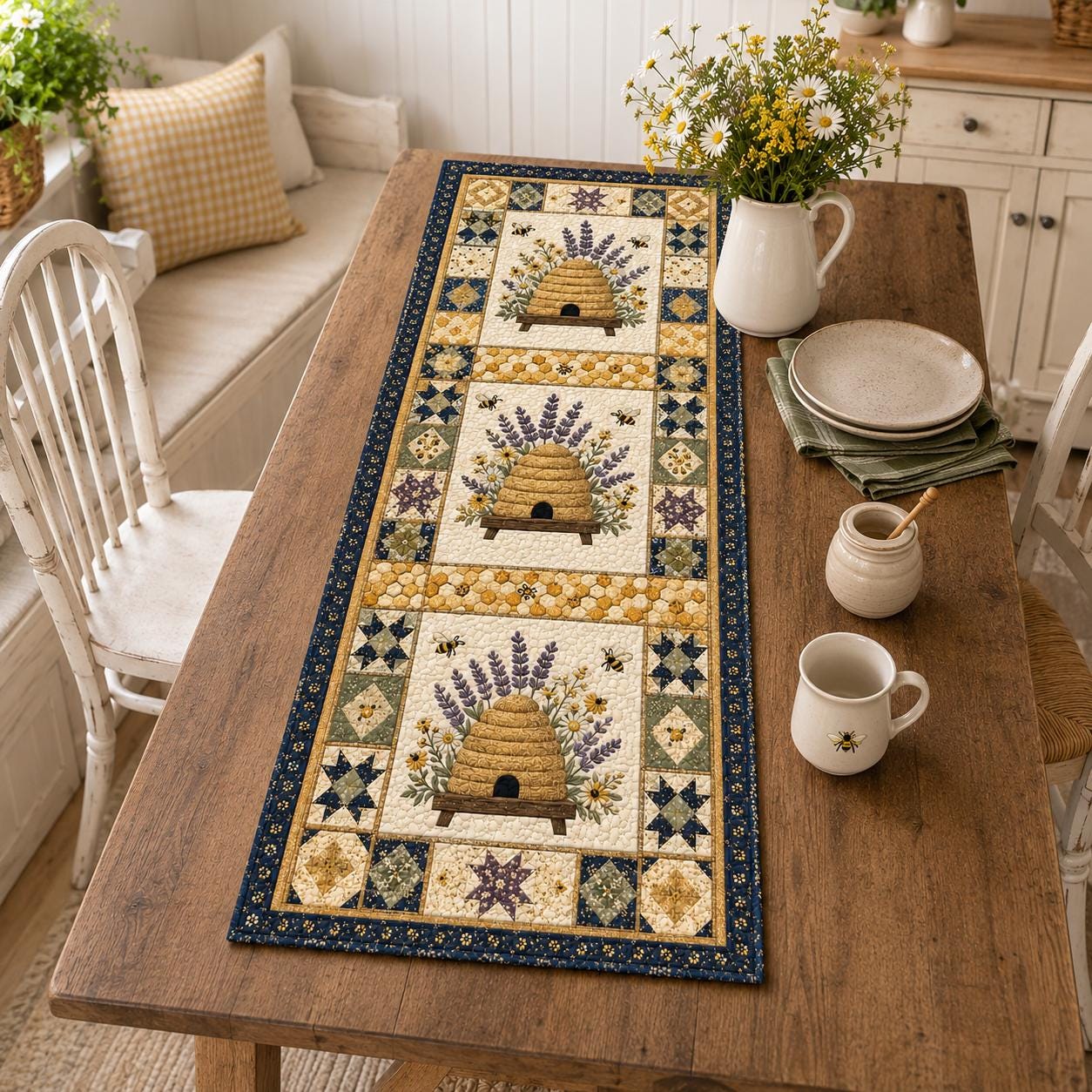 Beehive Bees Lavender Table Runner with Modern Farmhouse Kitchen Decor, Custom Housewarming Gift and Unique Bee Table Decoration - photo 3