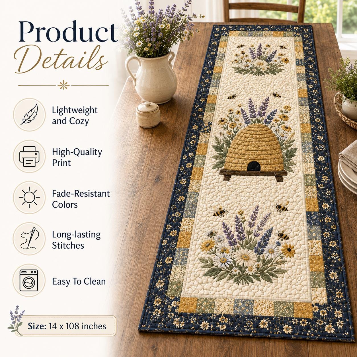 Beehive Bees Lavender Table Runner with Modern Farmhouse Kitchen Decor, Custom Housewarming Gift and Unique Bee Table Decoration - photo 7