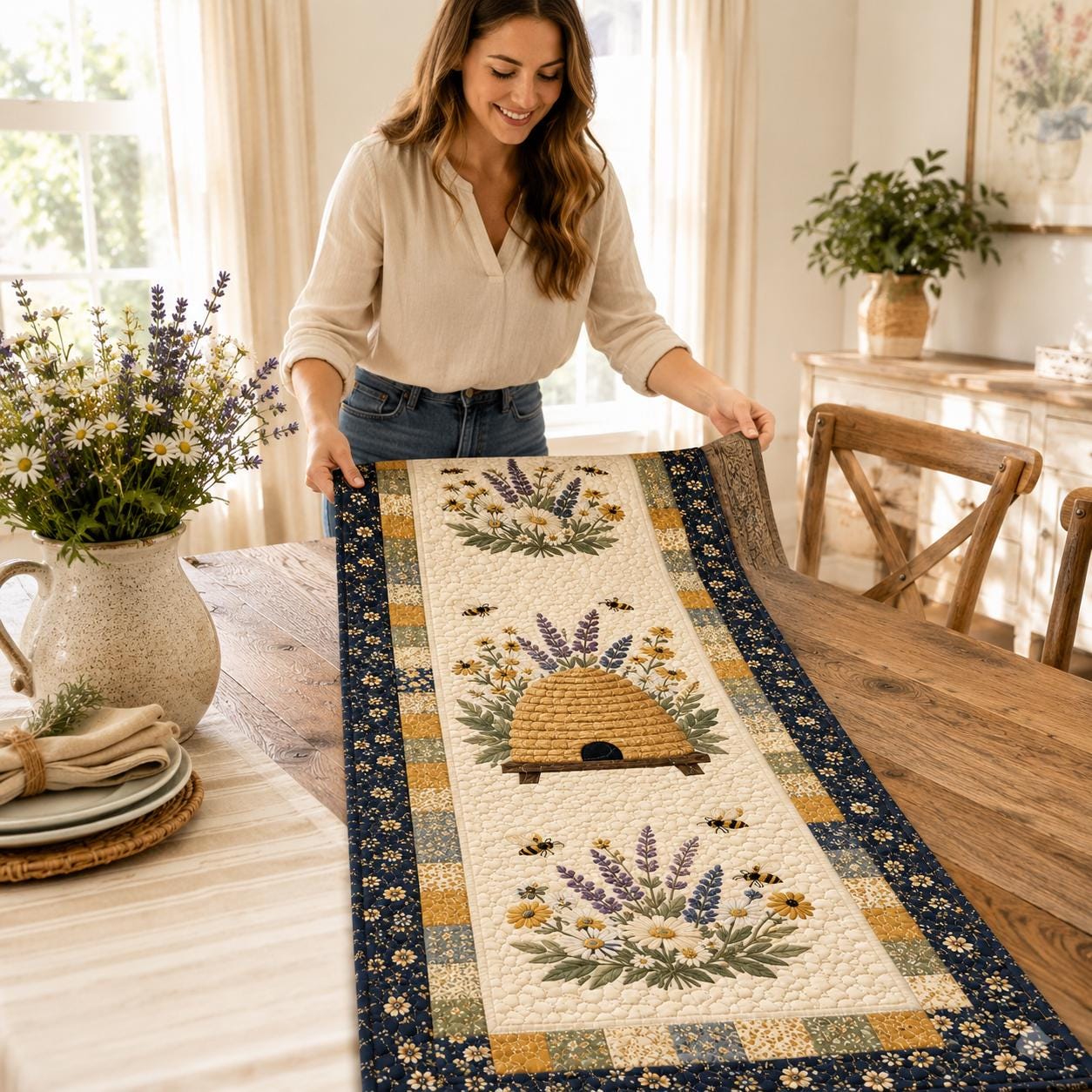 Beehive Bees Lavender Table Runner with Modern Farmhouse Kitchen Decor, Custom Housewarming Gift and Unique Bee Table Decoration - photo 8