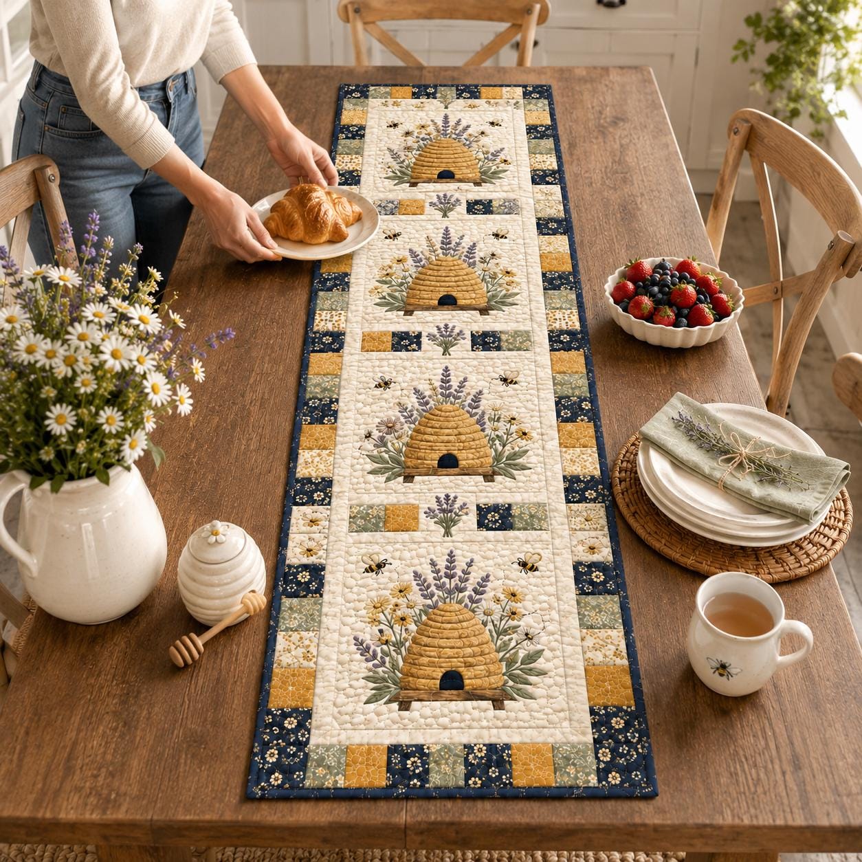 Beehive Bees Lavender Table Runner with Modern Farmhouse Kitchen Decor, Custom Housewarming Gift and Unique Bee Table Decoration - photo 9
