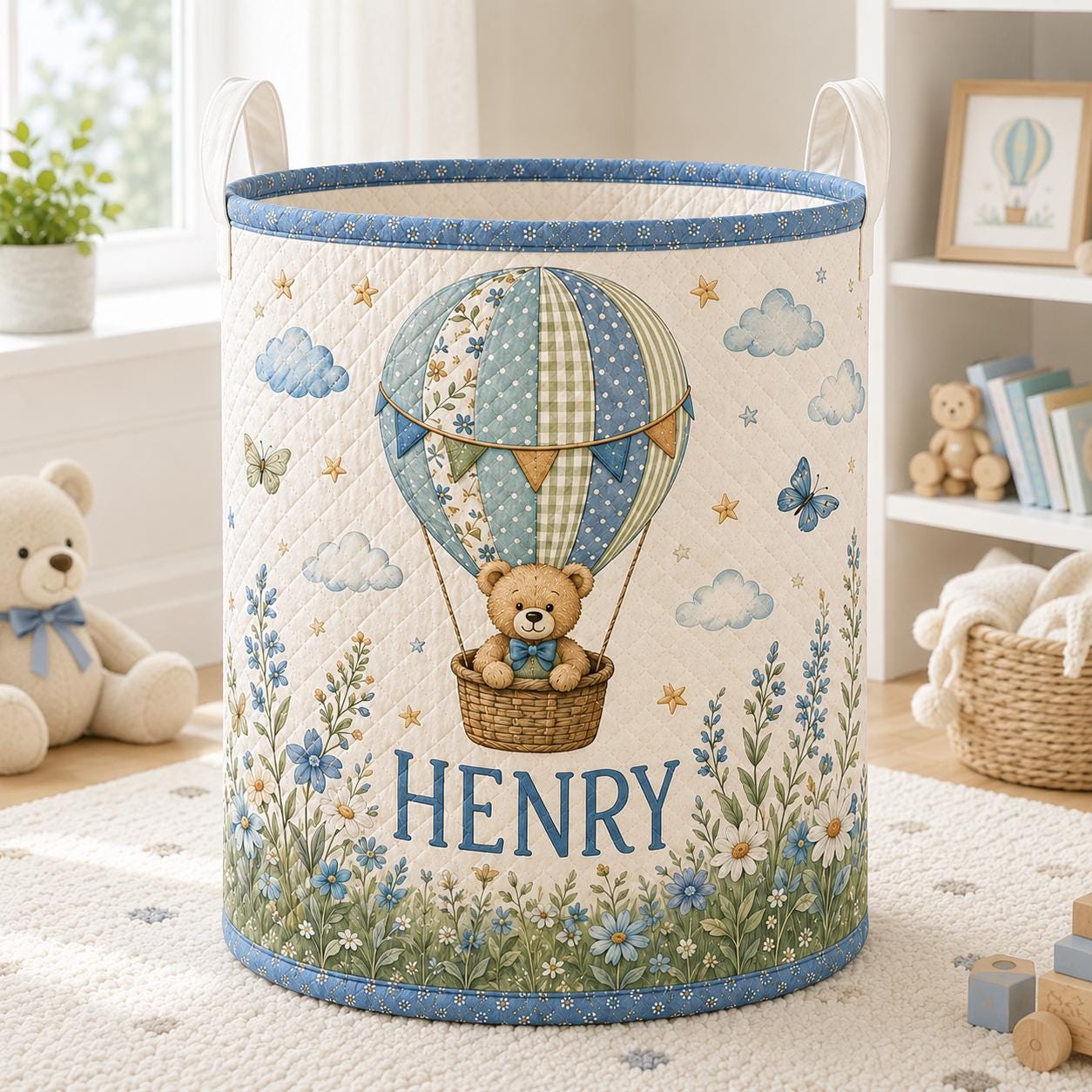 Custom Baby Style Laundry Basket with Personalized Bear Hot Air Balloon Nursery Hamper, Blue Floral Toy Storage and Baby Name Gift