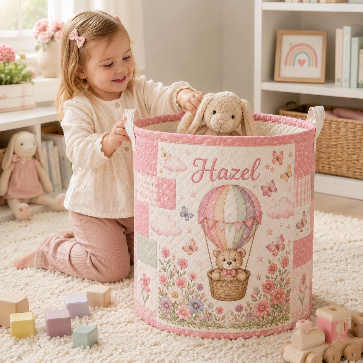 Custom Baby Style Laundry Basket with Personalized Bear Hot Air Balloon Nursery Hamper, Blue Floral Toy Storage and Baby Name Gift - photo 2