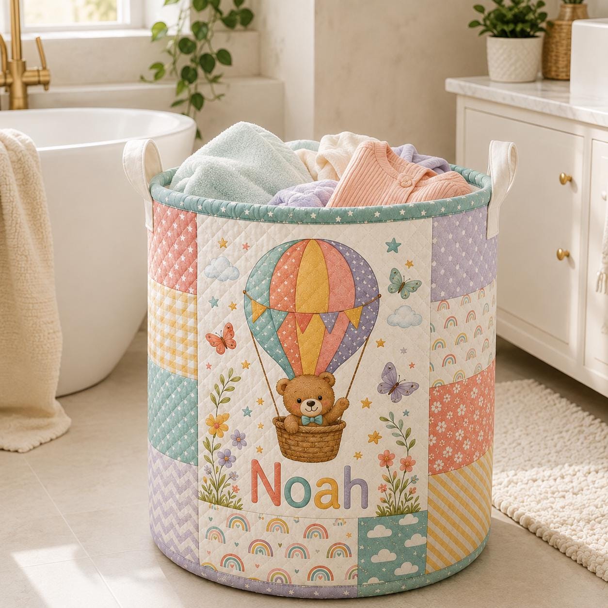 Custom Baby Style Laundry Basket with Personalized Bear Hot Air Balloon Nursery Hamper, Blue Floral Toy Storage and Baby Name Gift - photo 3