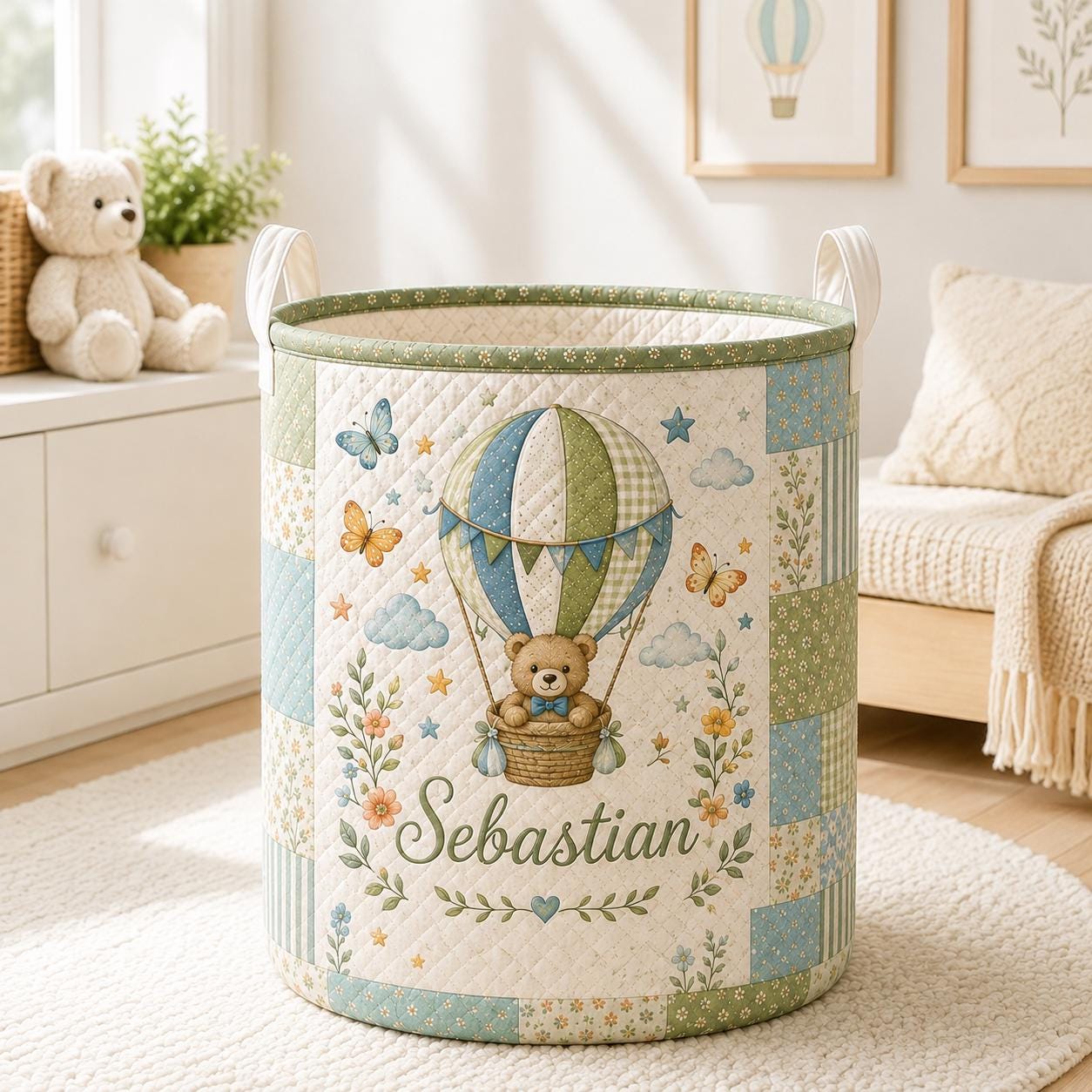 Custom Baby Style Laundry Basket with Personalized Bear Hot Air Balloon Nursery Hamper, Blue Floral Toy Storage and Baby Name Gift - photo 6